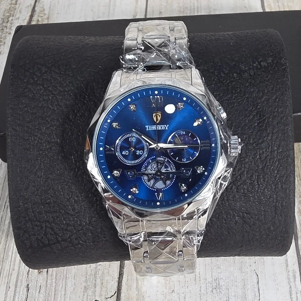 Timekey Mens Chronograph Watch Blue Dial Silver Stainless Steel Moon Phase New